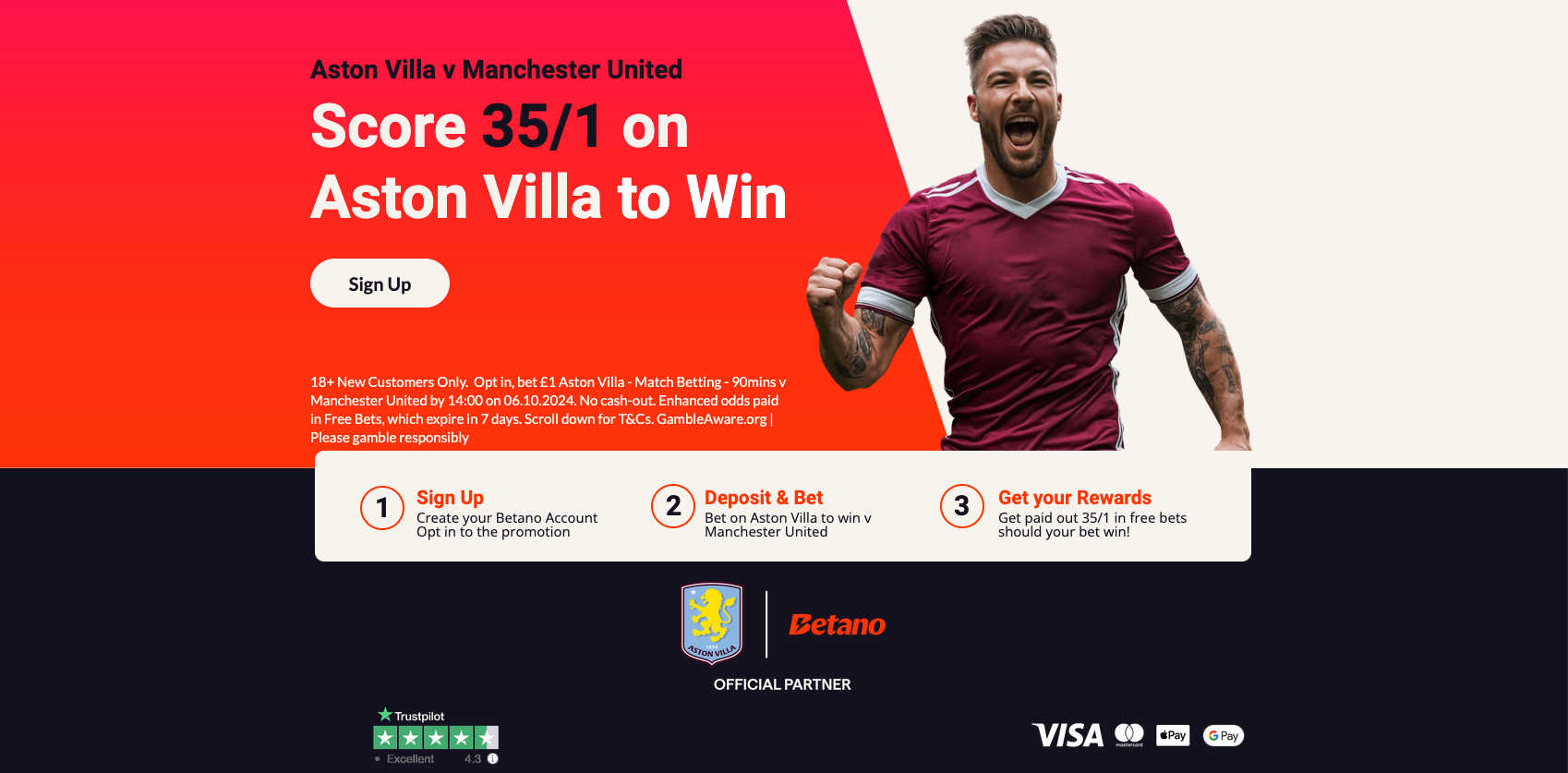 Betano Welcome offer: Get 35/1 On Aston Villa To Win vs Manchester Utd